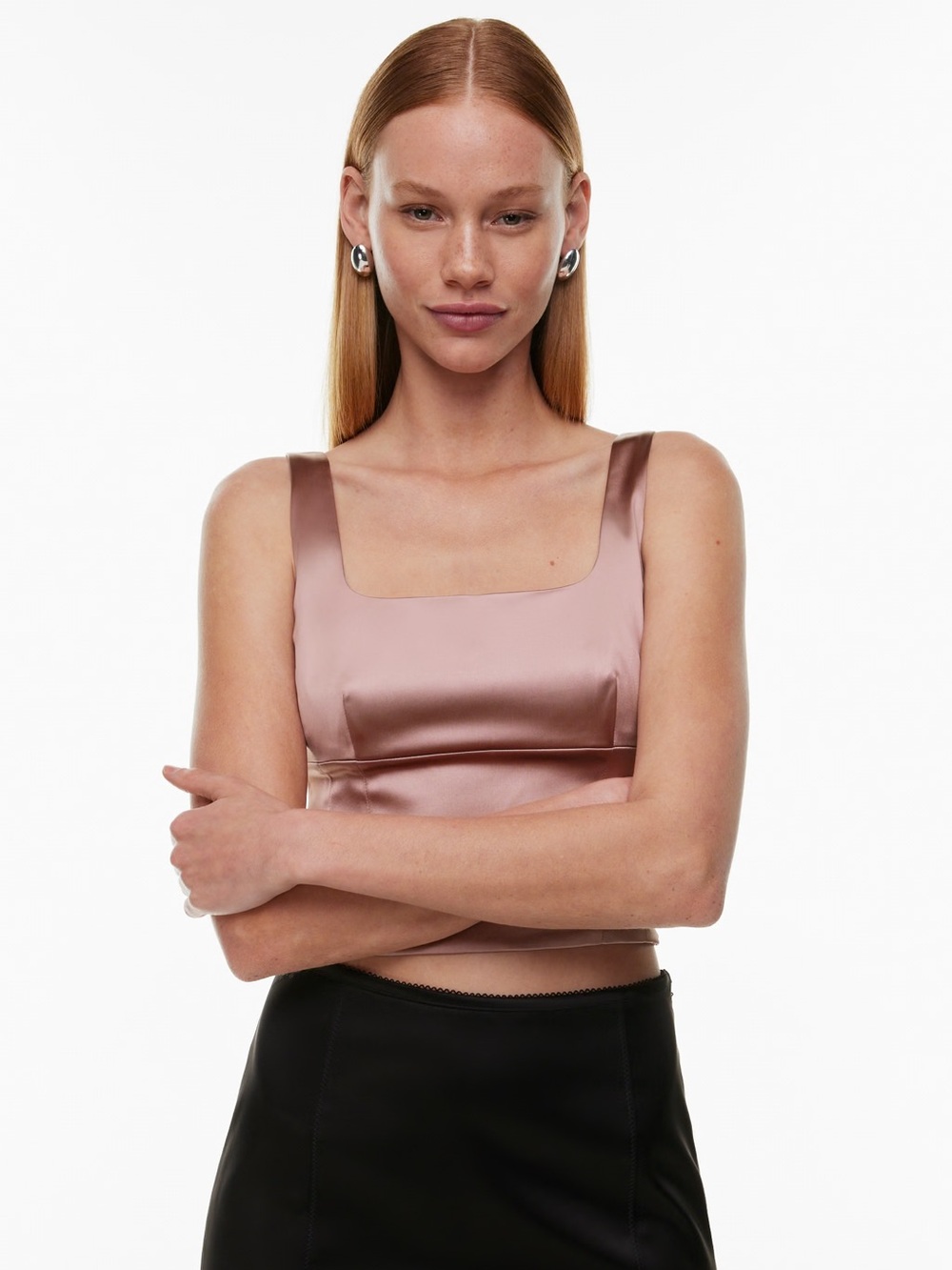Wilfred Shine Satin Bustier Crop Tank in Clouded Pink - S
